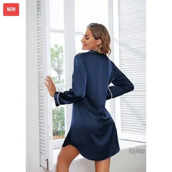 Satin Button Down Nightgown Long Sleeve Boyfriend Sleep Shirt S-3XL